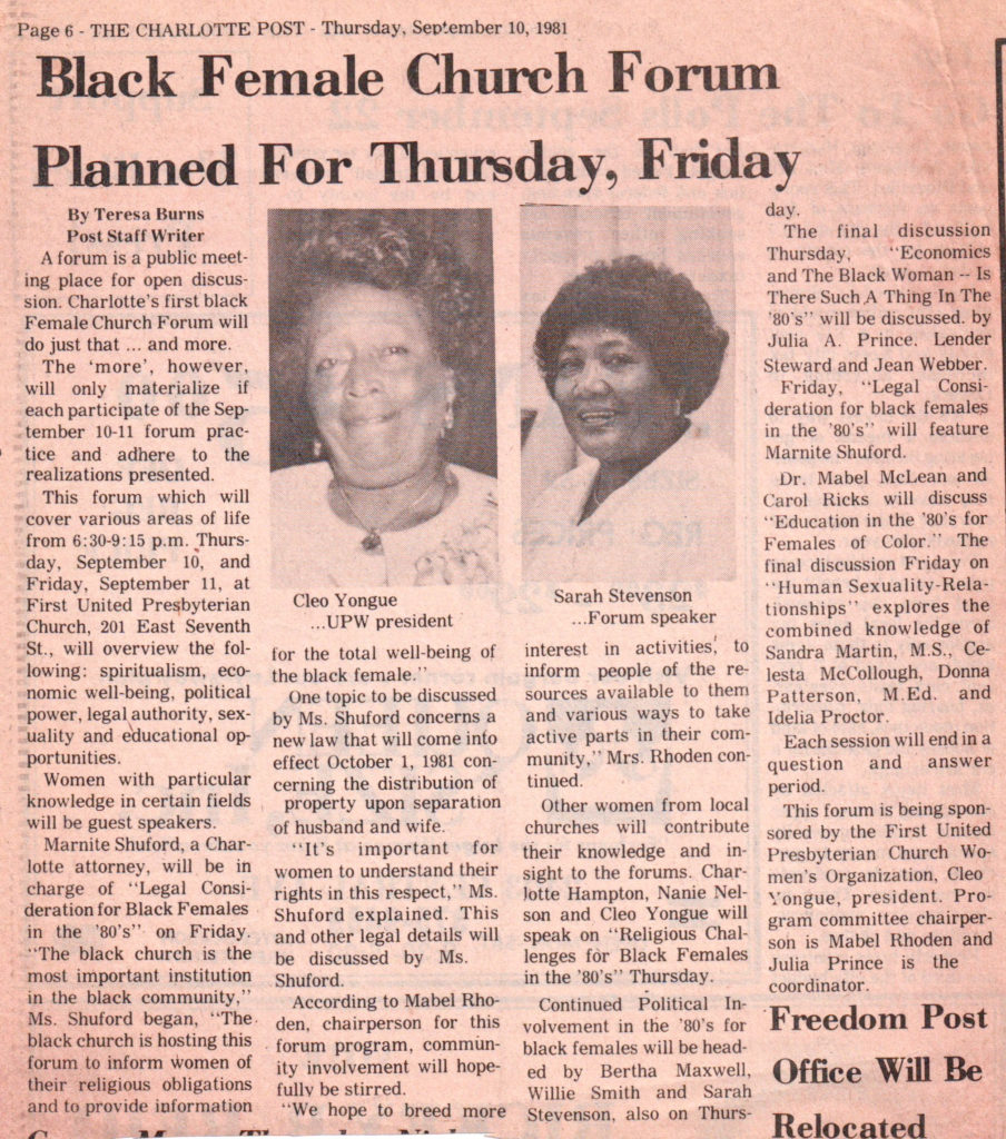 Black Female Church Forum planned Sarah Stevenson